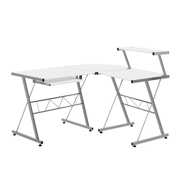 L Shape Computer Desk with Keyboard Tray and Shelf Workstation White 134x110cm