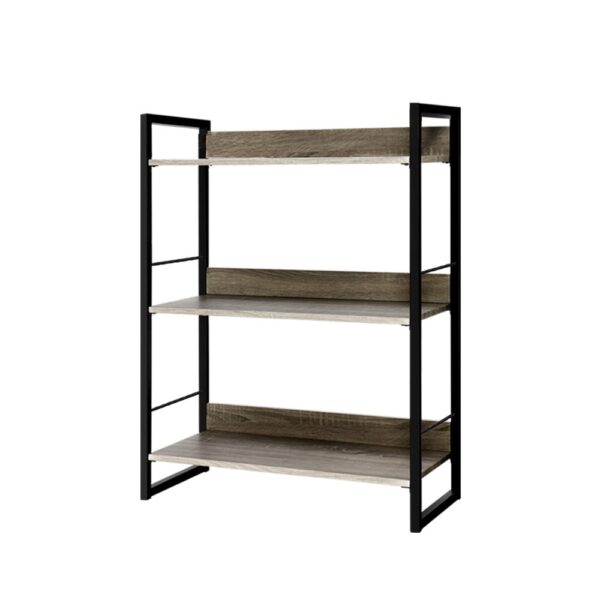 3 Tier Display Shelf Metal Frame Oak Grain 70x30x90cm Black Wood Storage