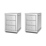 Mirrored Bedside Table Twin Set 3 Drawers Reflective Silver Finish E1 MDF 58x40cm