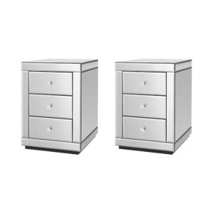 Mirrored Bedside Table Twin Set 3 Drawers Reflective Silver Finish E1 MDF 58x40cm