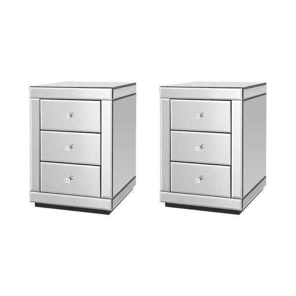 Mirrored Bedside Table Twin Set 3 Drawers Reflective Silver Finish E1 MDF 58x40cm