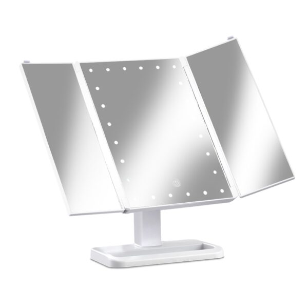 Tri fold LED Makeup Mirror 22 Lights Dimmable 180 Swivel USB Battery Storage