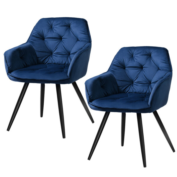 Velvet Dining Chairs Set of 2 Blue Plush Upholstered 150kg Capacity Anti slip