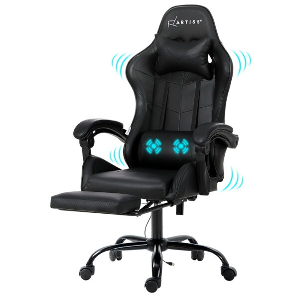 Ergonomic Massage Gaming Chair PU Leather Adjustable 145° Recline Black 360° Rotate