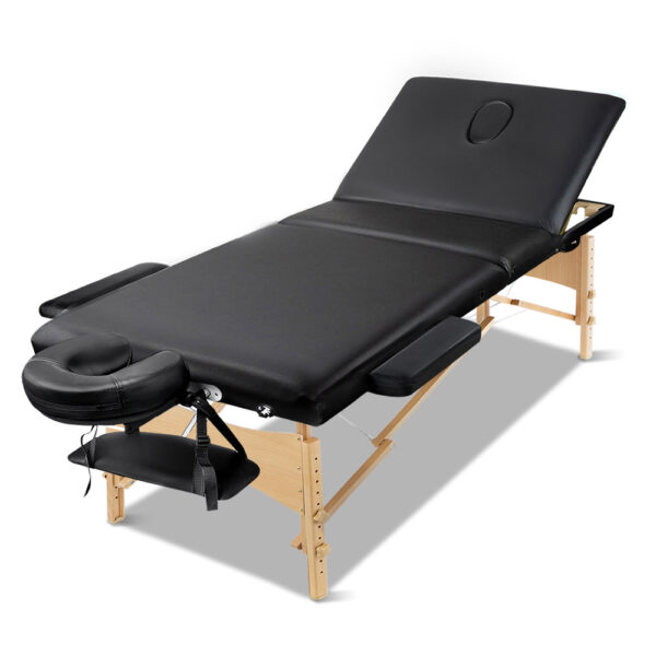 Massage Table 3 Fold Portable Adjustable Wooden Beauty Bed 60cm Black 250kg