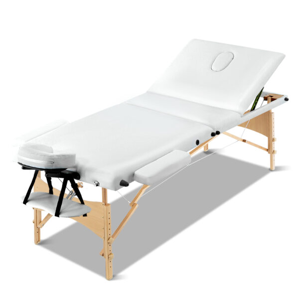 Portable Massage Table 3 Fold Adjustable Wooden Bed 70cm White