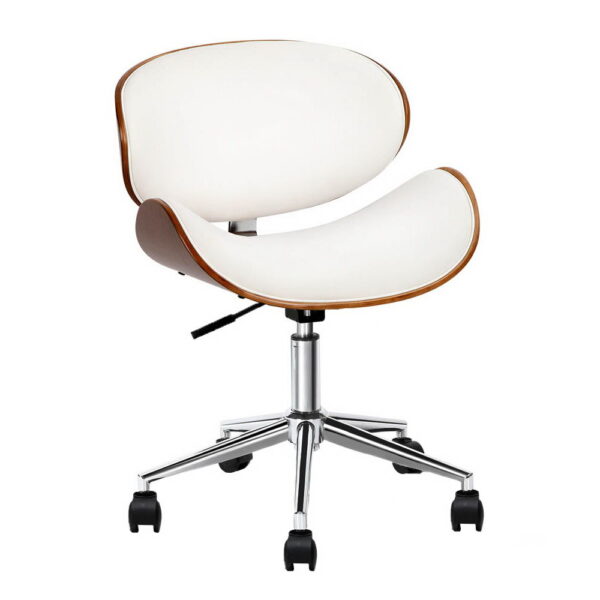 Wooden Office Chair PU Leather Swivel White 360 Castor Wheels Adjustable