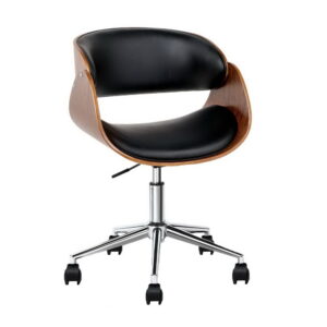 Wooden Office Chair PU Leather Swivel Adjustable Black Retro Design 120kg Capacity