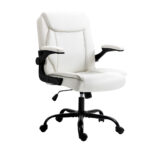 Executive Office Chair Mid Back PU Leather White High Density Foam Flip Up Armrest