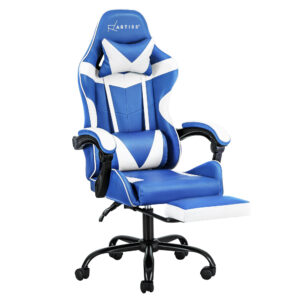 Gaming Office Chair High Back Leather Adjustable Footrest Blue White