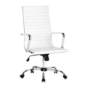 High Back Executive Office Chair PU Leather 360° Swivel White Chrome Base