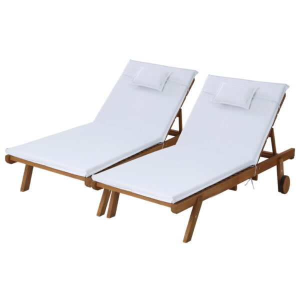 2pc Wooden Sun Lounge Outdoor Day Bed w/ Wheels Adjustable Backrest White Cushion