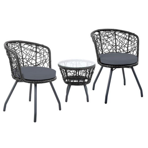 3pc Rattan Outdoor Patio Set Weather Resistant Cushioned Chairs Glass Table