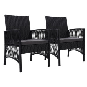 Wicker Dining Chairs Set of 2 Outdoor Patio Cushioned Black Weather Resistant