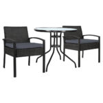 3PC Wicker Bistro Set Outdoor Patio Furniture Cushioned Chairs Glass Table Black