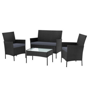 4 Piece Wicker Outdoor Lounge Set PE Rattan Steel Frame Glass Table Black