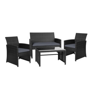 Rattan Outdoor Lounge Set 4PC Wicker Sofa Table Cushions Storage Cover Black