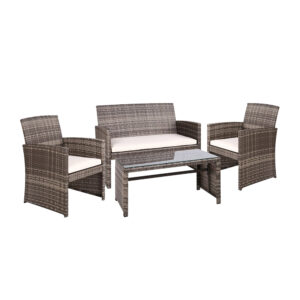 Rattan Outdoor Lounge Set 4PC Wicker Dining Table Chairs w/ Storage Cover Grey