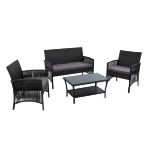 4PC Outdoor Lounge Set Wicker PE Rattan UV Resistant Cushioned Black