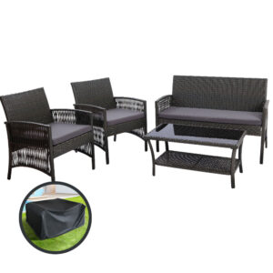 Rattan Outdoor Lounge Set 4PC Patio Furniture Grey Cushions Glass Table Top