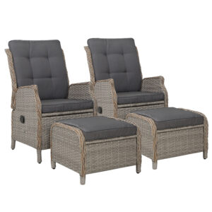 2pc Outdoor Wicker Recliner Chair Set Adjustable Backrest Patio Sun Lounge Gray