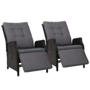 Recliner Chair Set of 2 Adjustable Wicker Outdoor Patio Furniture Black 57x65x95cm