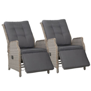 Recliner Chair Set of 2 Adjustable Wicker Outdoor Patio Furniture Grey 57x65x95cm