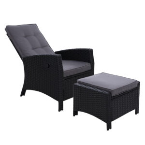 Outdoor Wicker Recliner Chair Sofa Lounger with Ottoman Cushion Black Patio Garden