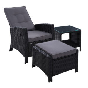 Wicker Recliner Chair Set Outdoor Patio Furniture Adjustable Backrest Black