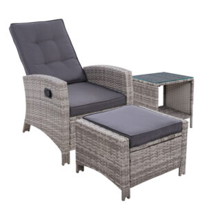 Outdoor Wicker Recliner Set Adjustable Chair Ottoman Table Patio Furniture Grey