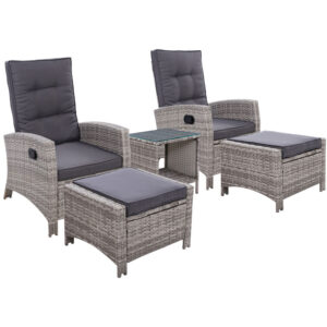 5pc Wicker Recliner Set Outdoor Patio Furniture Adjustable Grey Lounge Table