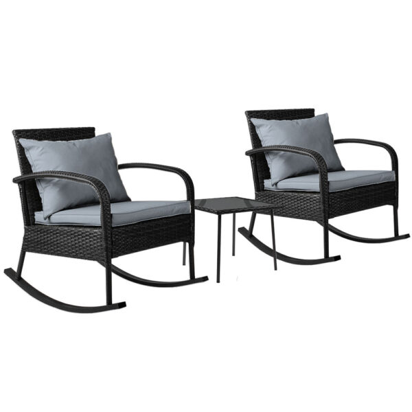 3 Piece Rocking Chair Set Outdoor Indoor UV Resistant Cushioned Black