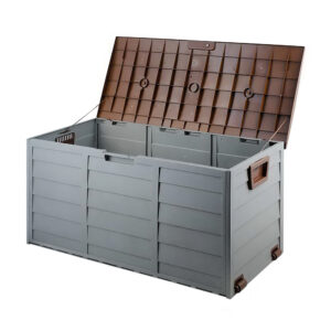 Outdoor Storage Box 290L Lockable Lid Wheels Handles Weather Resistant Brown