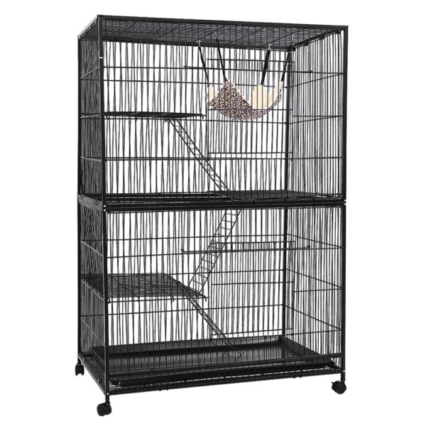 4 Level Pet Cage Multi Tier Hammock Ladders 95x59.5x142cm Black Anti Rust Wheels