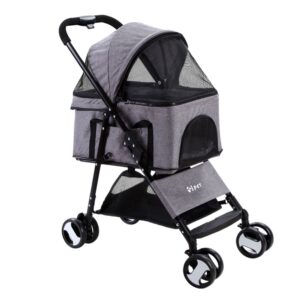 Foldable Pet Stroller 4 Wheels Large Dog Cat Carrier Travel Pushchair Grey