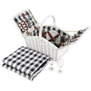 2 Person Picnic Basket Set Insulated Blanket Willow Cutlery Wine Glasses 36cm