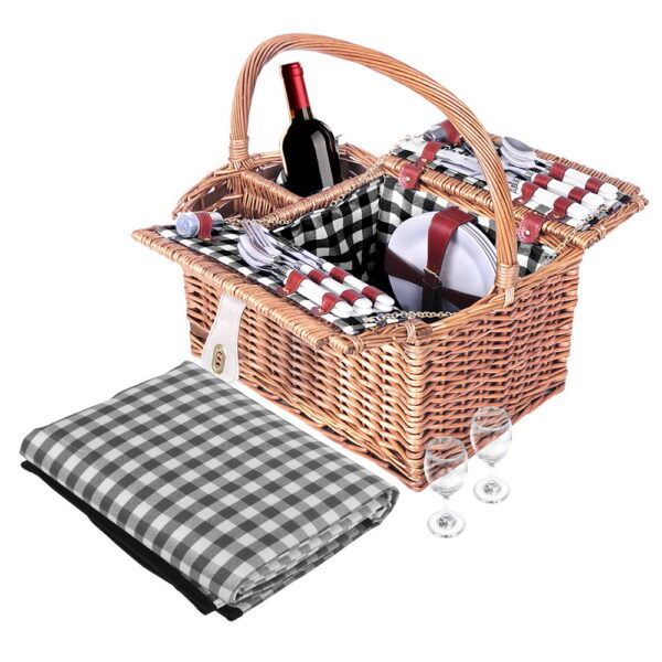 4 Person Wicker Picnic Basket Set Insulated Blanket Cutlery Plates Wine Glasses