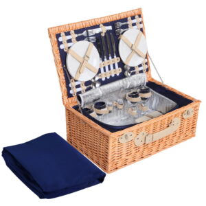 4 Person Wicker Picnic Basket Set Insulated Cooler Bag Blanket Blue 54x34cm