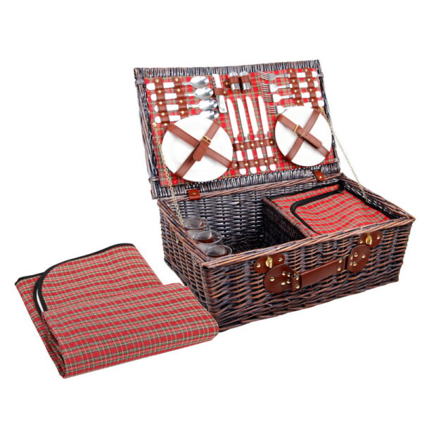 4 Person Wicker Picnic Basket Set Insulated Cooler Bag Blanket Red 54x34x20cm