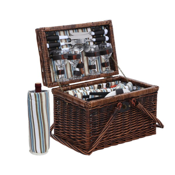 4 Person Wicker Picnic Basket Set Insulated Bag Cutlery Plates Wine Glasses