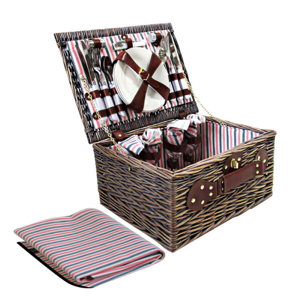 4 Person Willow Picnic Basket Set Insulated Blanket Cutlery Plates Glasses