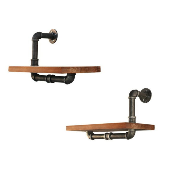 Industrial Pipe Wall Shelf Set Timber 2pc 45x25cm 10kg Capacity Floating Design