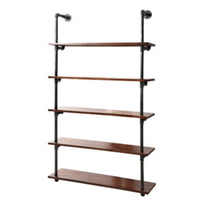 Industrial Pipe Wall Shelf 5 Tier Pine Wood Metal 10kg Capacity 91x25x163cm