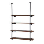 Industrial Pipe Bookshelf 4 Tier Rustic Timber 90x25cm Wall Mount Storage Shelf