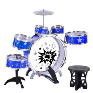 Kids Drum Set 11pc Blue Plastic Non Toxic with Stool Age 3+ Easy Assemble