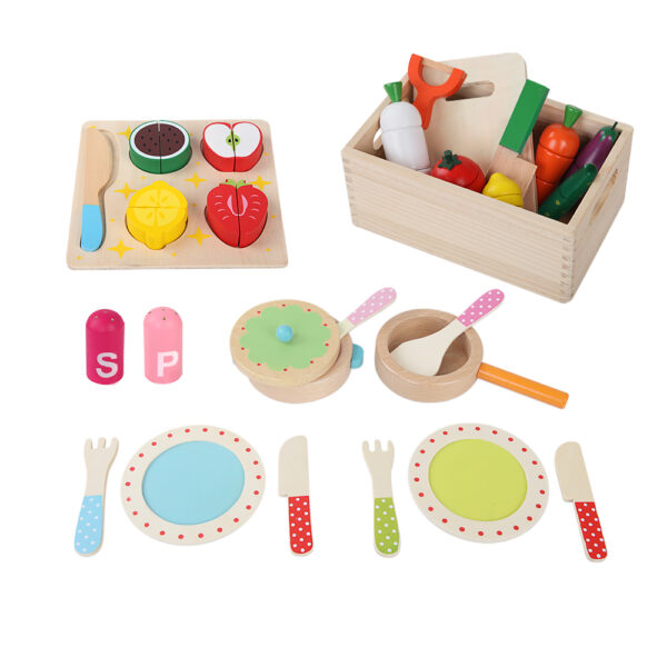 Kids Wooden Kitchen Playset Pretend Food Toys 29pc Magnetic Fruits Vegetables