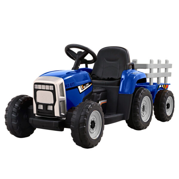 Kids 12V Electric Ride On Tractor with Trailer Blue LED Lights Music USB Input