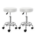 2X Swivel Salon Stools Round Adjustable Hydraulic White PU Leather Castor Wheels