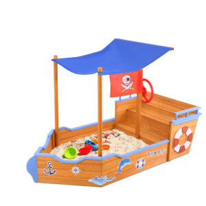 Kids Boat Shaped Sand Pit UV Canopy Steering Wheel Treated Timber 80x165x102cm