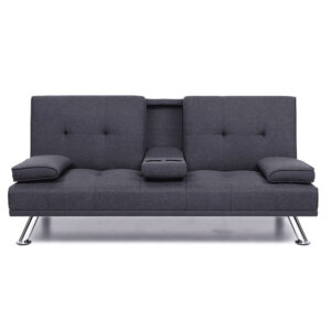 3 Seater Sofa Bed Dark Grey Fabric Recliner 175CM with Cup Holders